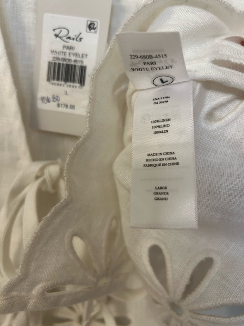 Rails Pari Linen Tie-Front Eyelet Crop Top in White Size L - Picture 9 of 10